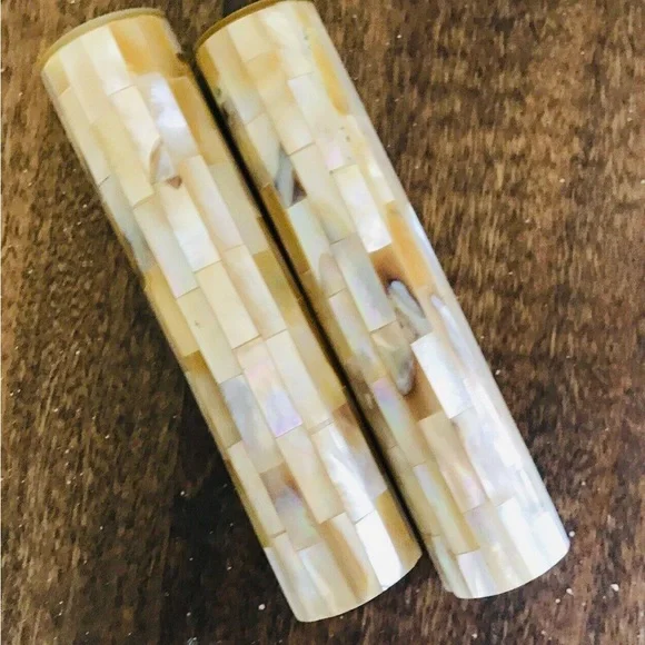 Vintage mother of pearl salt & pepper shaker set,intricate crafted mosaic jewels